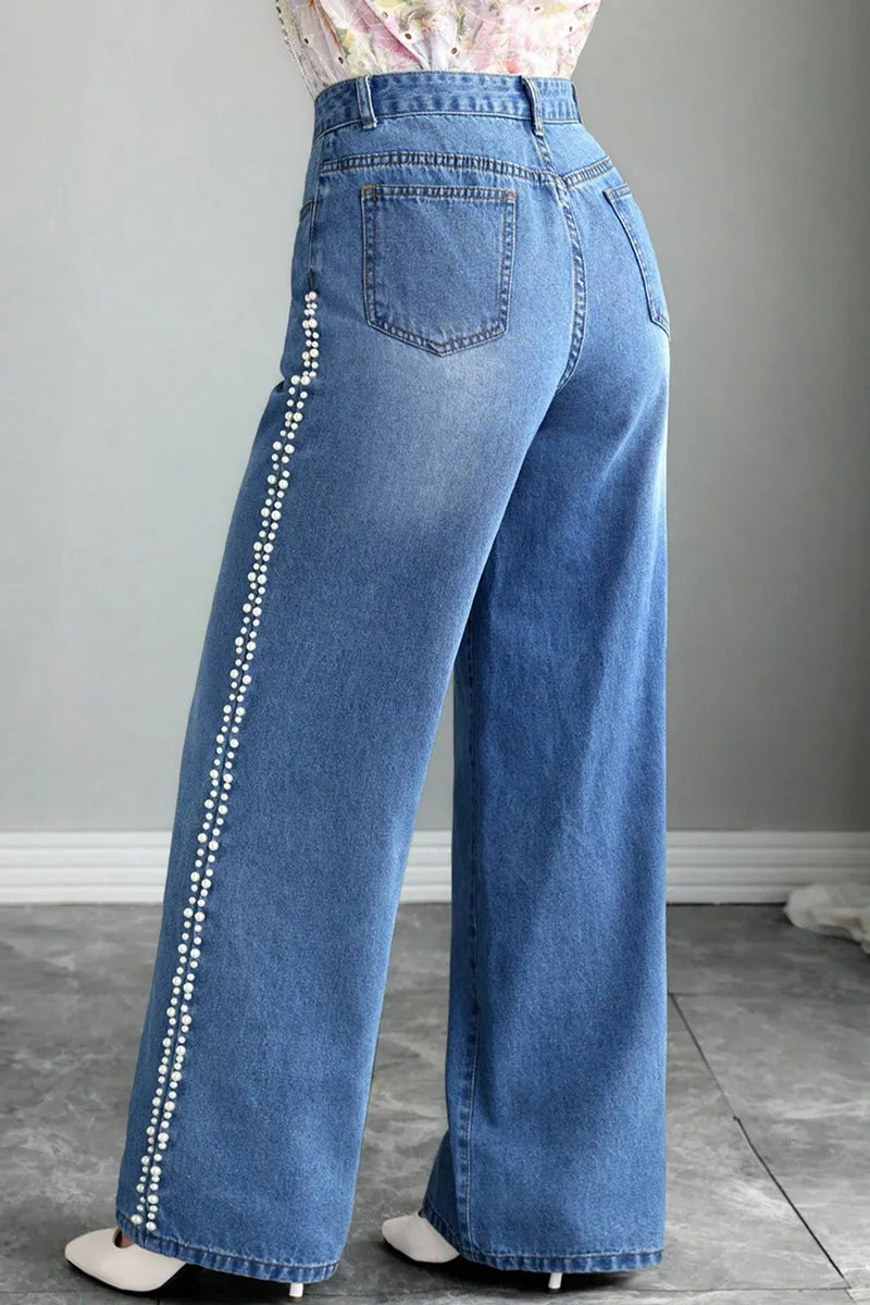 Ladie's Pearl-Embellished Lace Trim Jeans