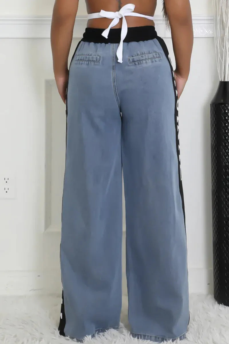 Women's Patchwork Webbing Wide-Leg Denim Jeans