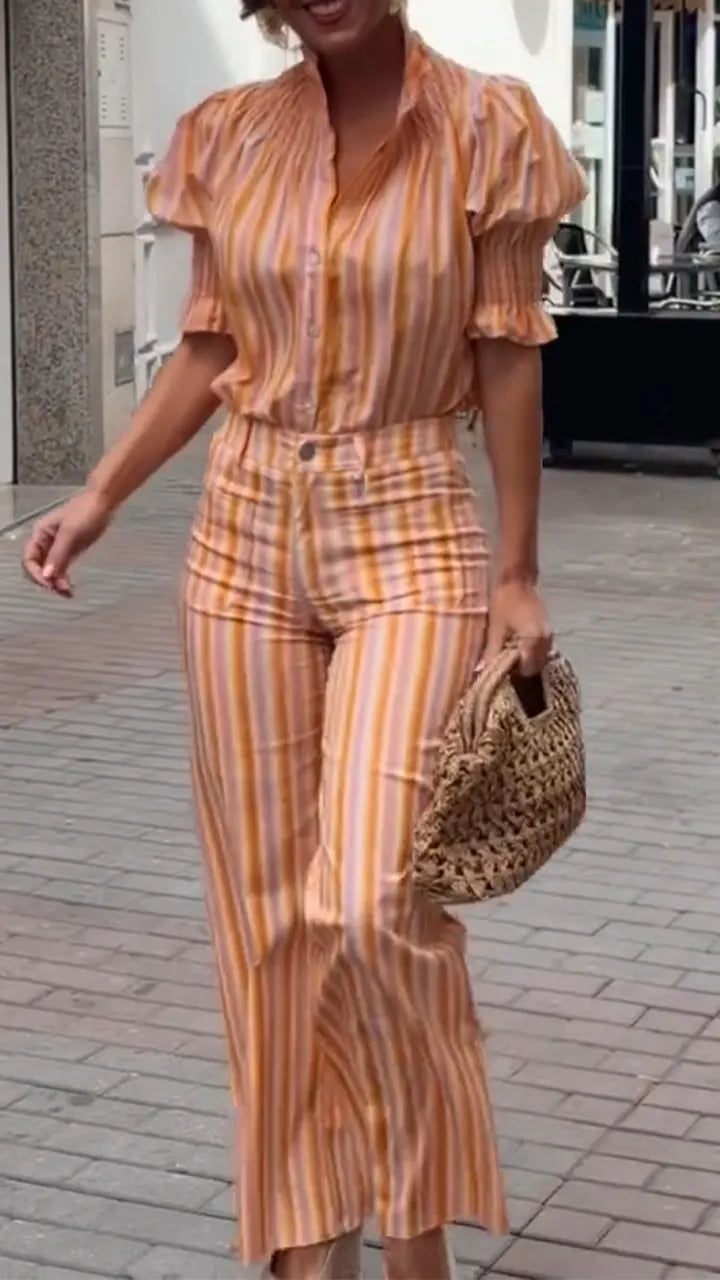 Women Round Neck Vertical Stripe Top + Pants Casual Set with Temperament