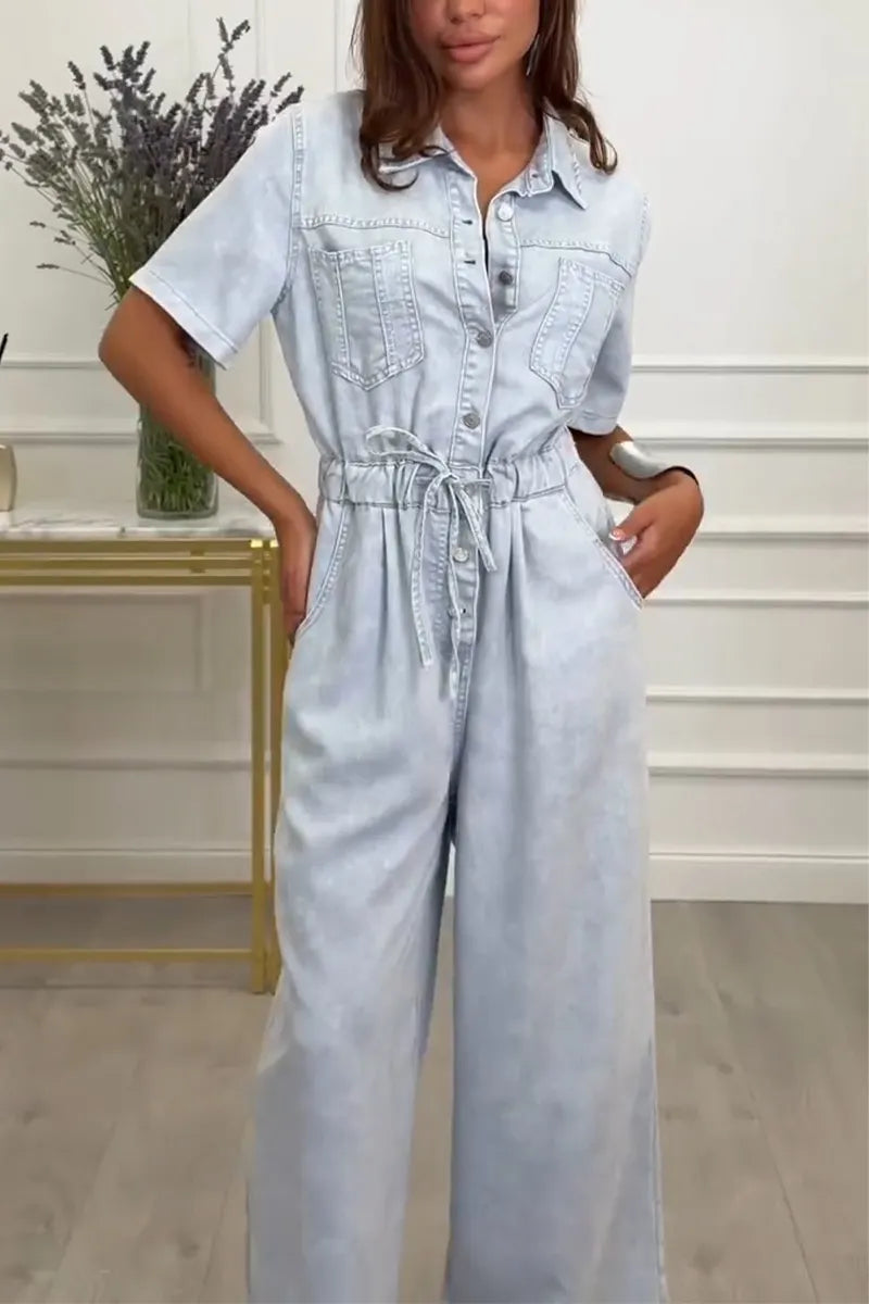 Women's Collar Splicing Waist Cinching Casual Wash Denim Jumpsuit