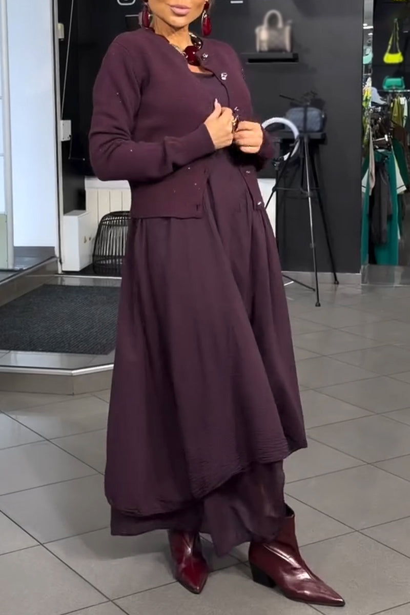 Women's Elegant Casual Round Neck Solid Color Dress or Knitted Cardigan