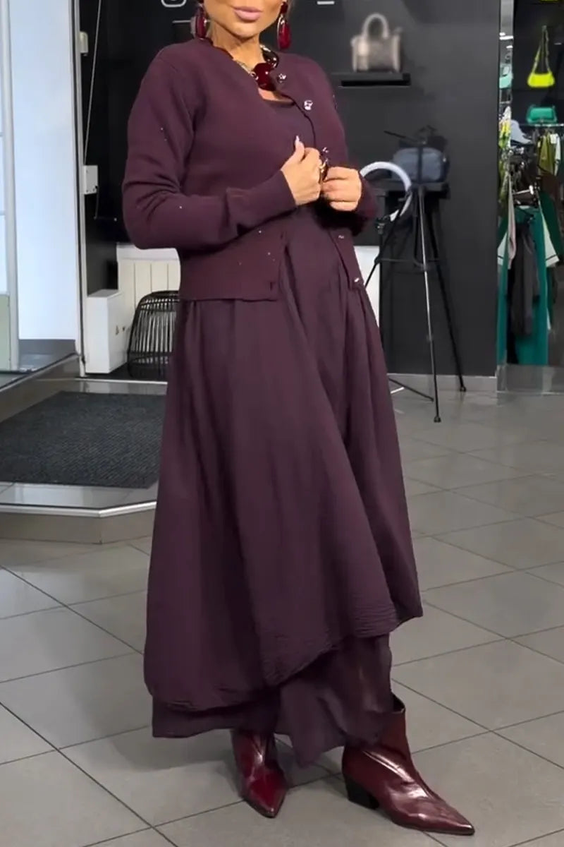 Women's Elegant Casual Round Neck Solid Color Dress or Knitted Cardigan