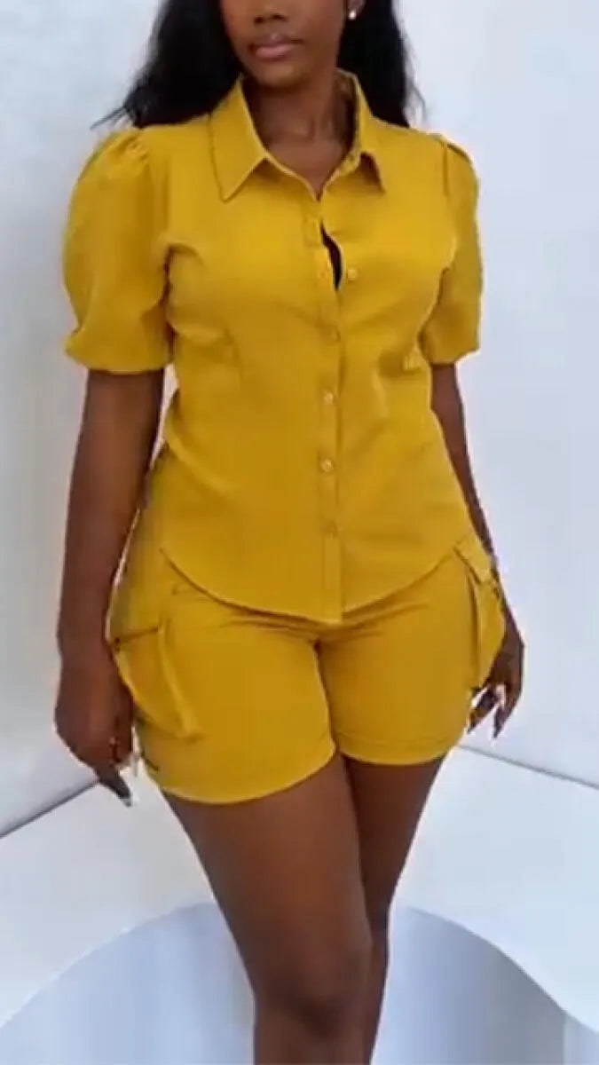 Women Collar Top + Shorts Solid Color Casual Suit