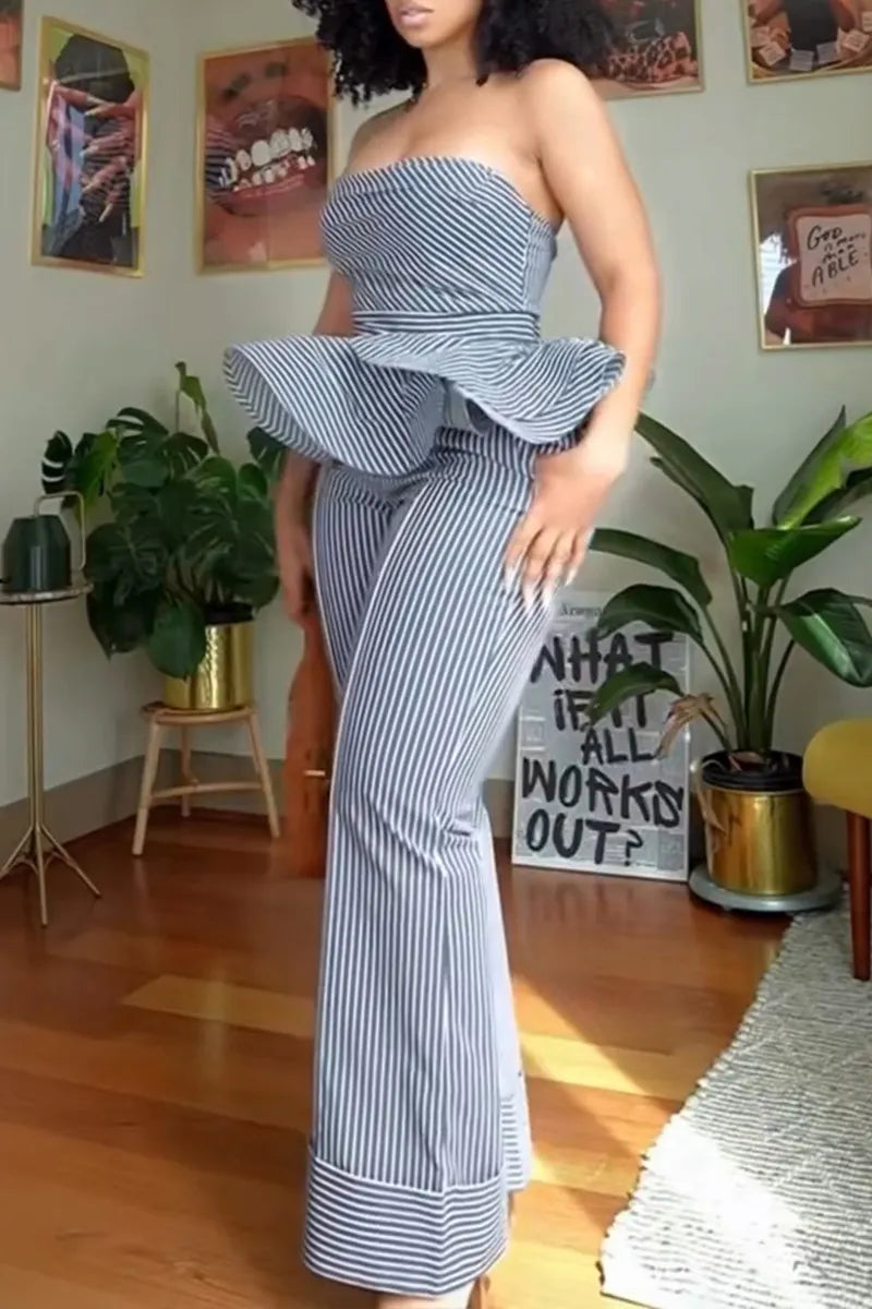 Women's Casual Ruffle Hem Strapless Top Wide Leg Stripe Pants Two-Piece Set