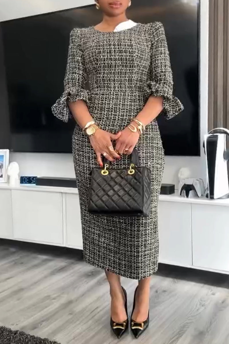 Women's Round Neck Slim Fit Elegant Temperament Tweed Dress