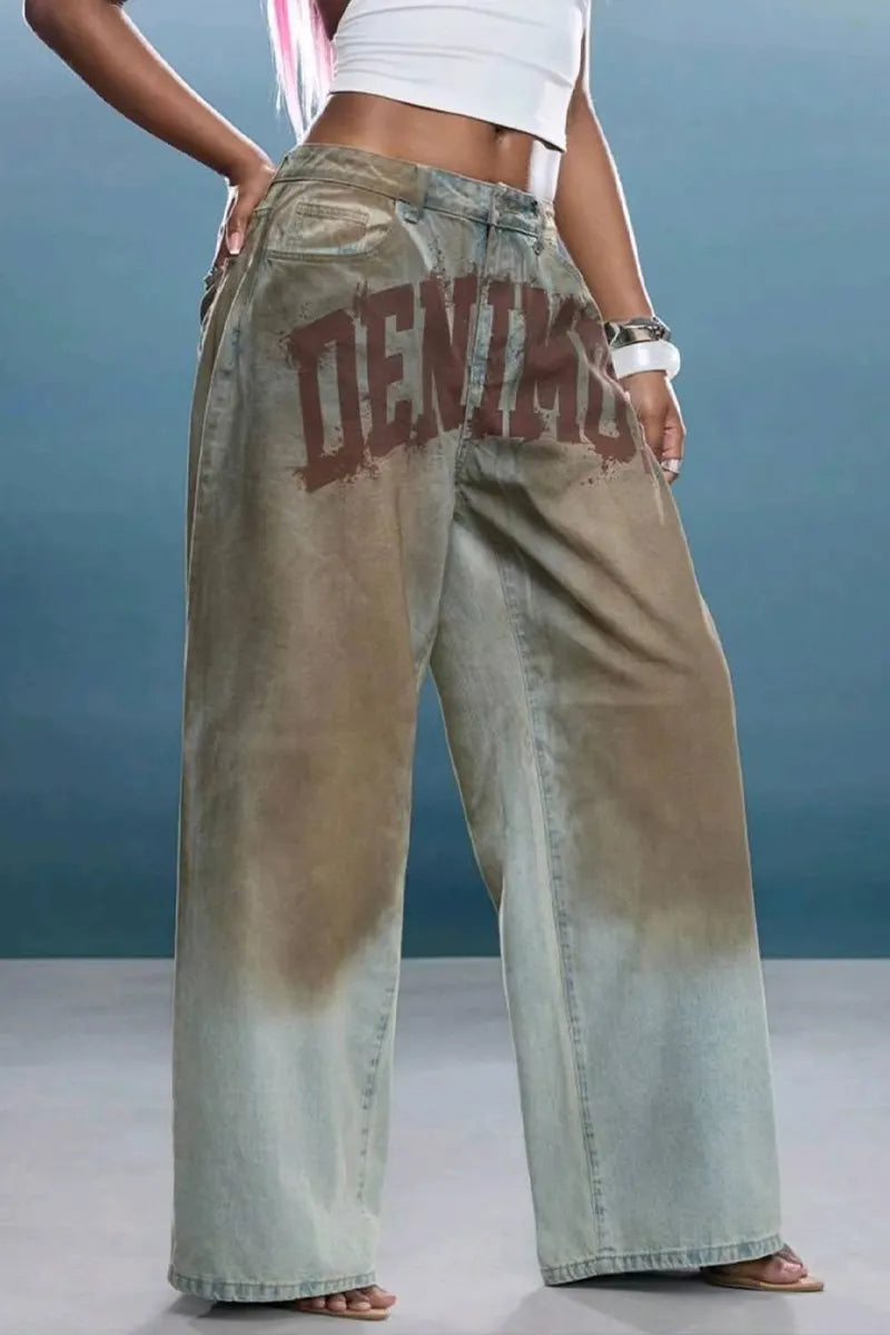 Women's Casual Distressed Wash Letter Print Wide Leg Jeans