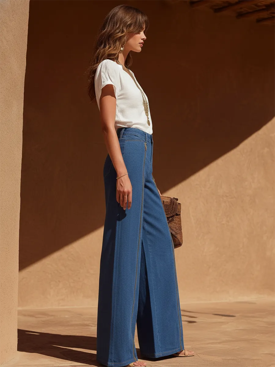 Resort-style High-waisted Denim Zipper Wide-leg Trousers