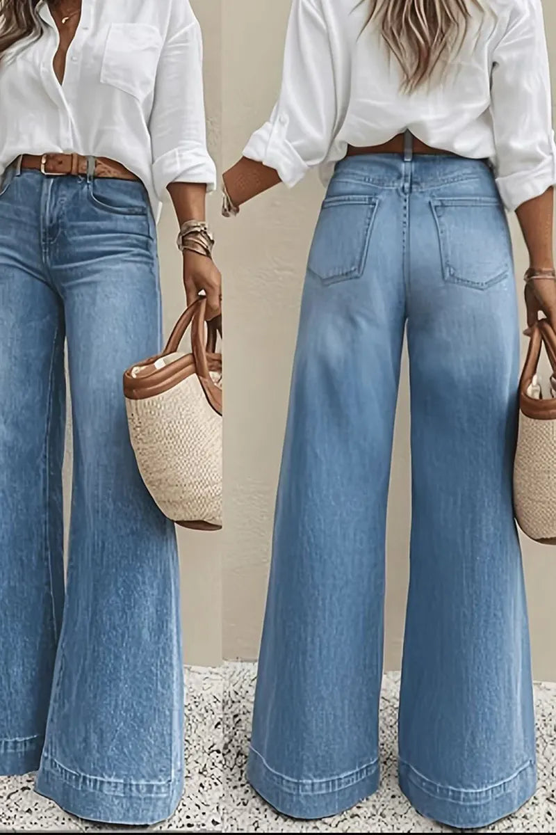 Women Light Blue Washed High Waist Butt Lifting Wide Leg Full Length Denim Jeans