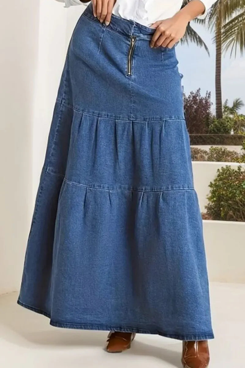 Women Fashion Slit Washed Denim Skirt