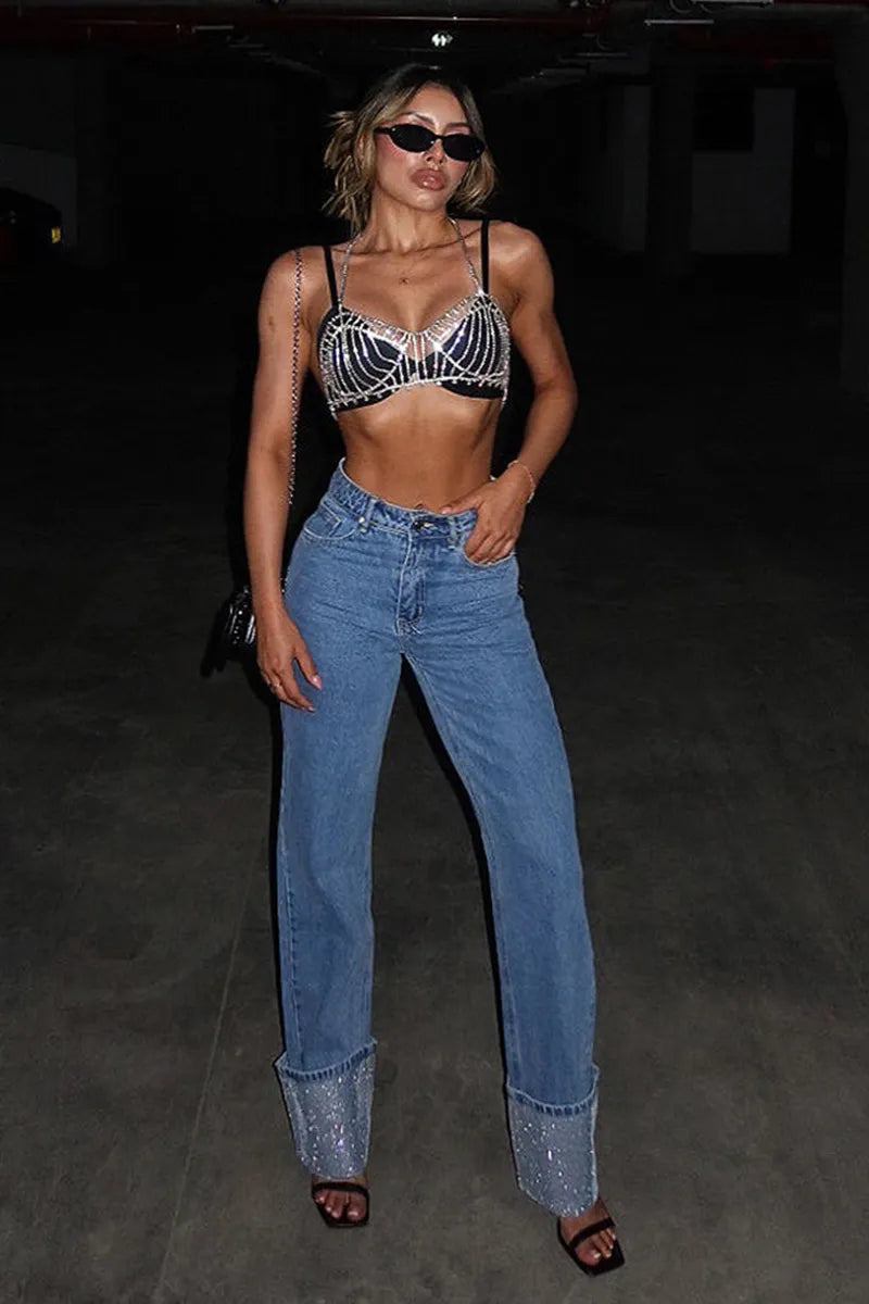 Women's Elegant Crystal High-Waist Jeans