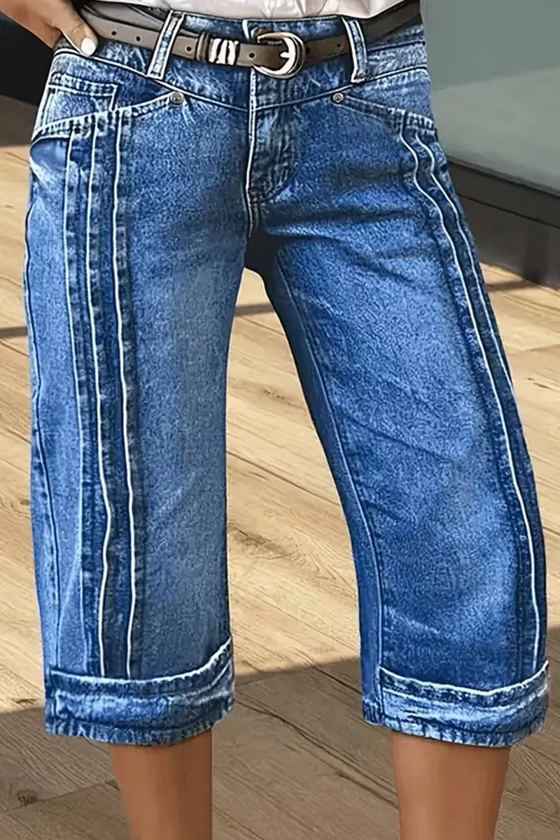 Women's Vintage Wash Multi Line Stitch Cuff Cropped Denim Capri Pants
