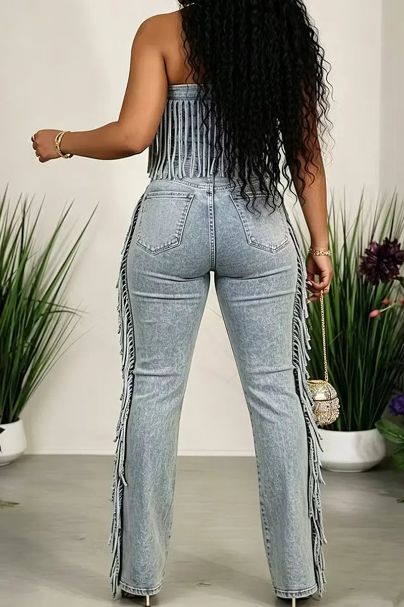 Women's Strapless Fringed Wide Leg Denim Jumpsuit