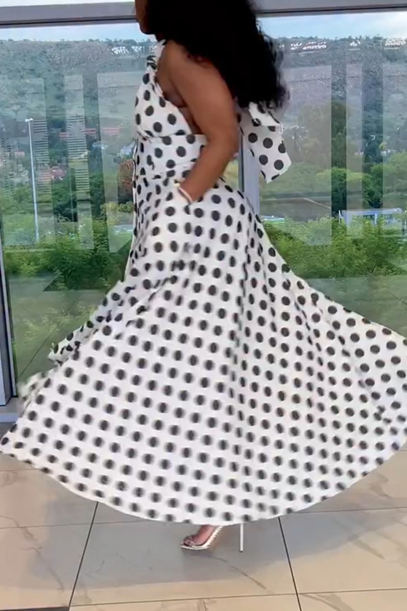 Women's Elegant Vacation Halter Waist Cinching Polka Dot Dress