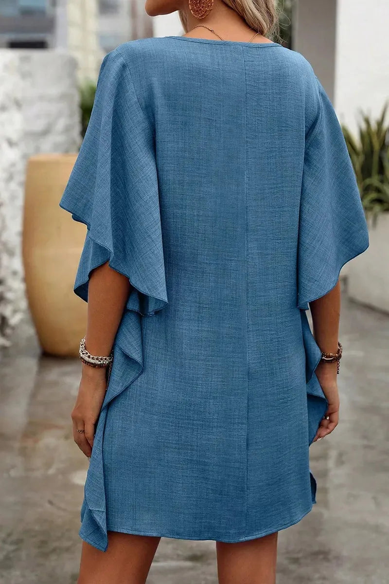 Women Light Wash Chambray Ruffle Sleeve V Neck Loose Fit Short Tunic Casual Dress