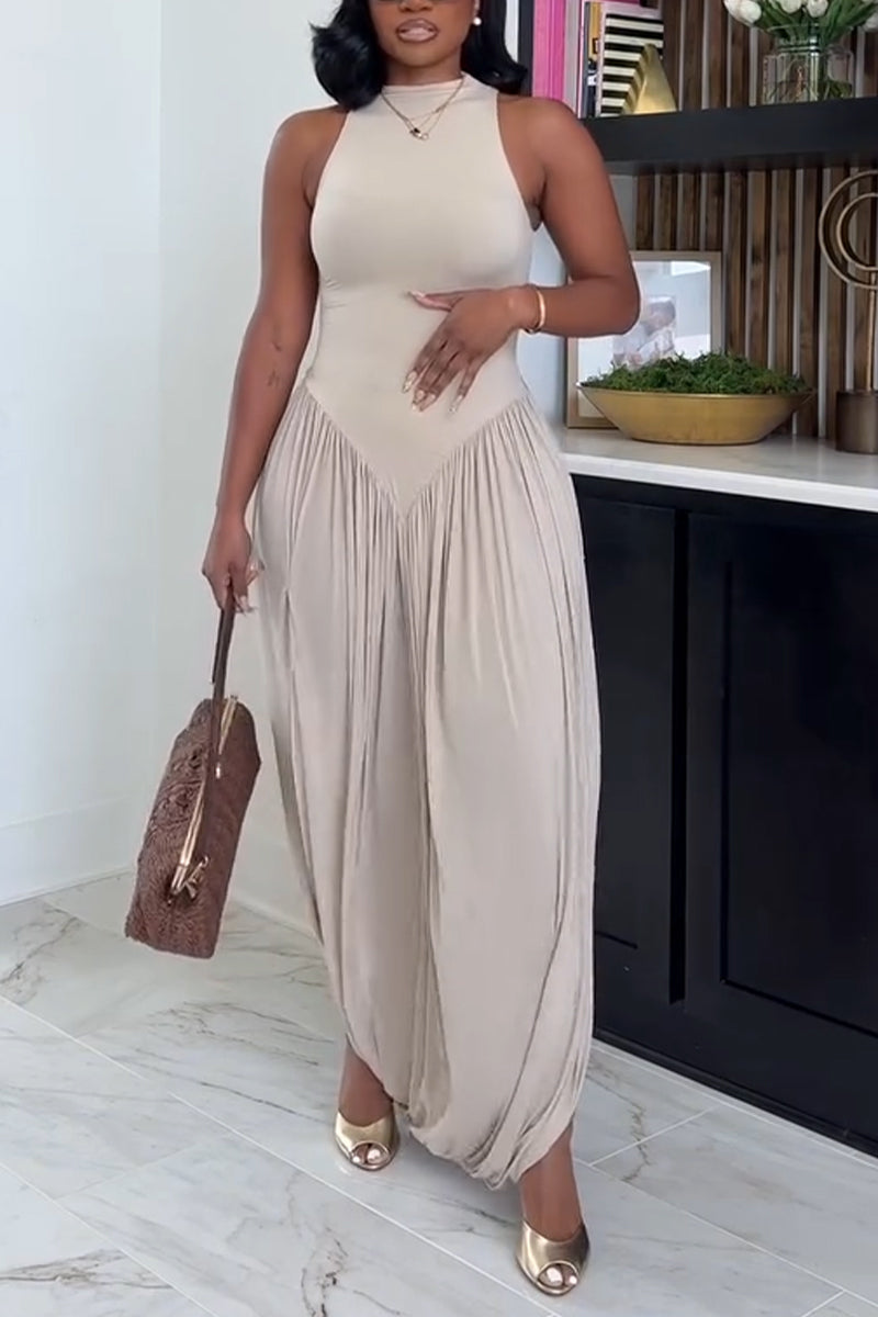 Women's Round Neck Sleeveless Spliced Side Slit Elegant Casual Dress