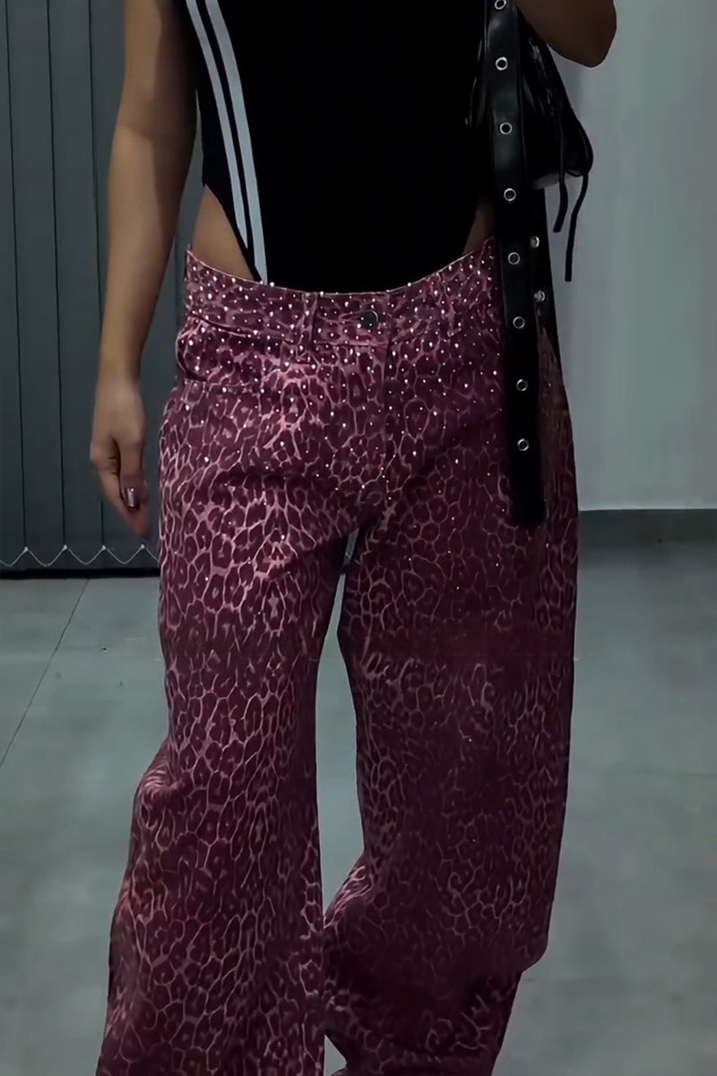 Women's Fashion Leopard Print Shiny Rhinestone Wide Leg Jeans