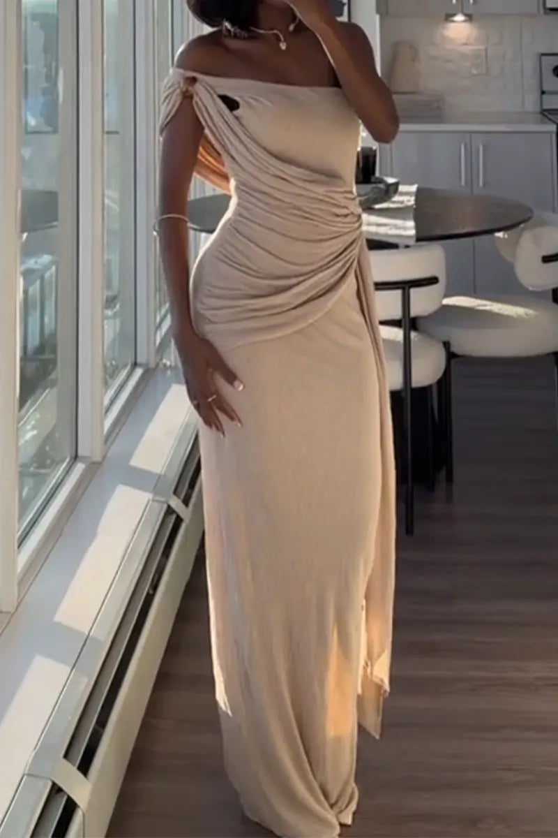 Women Slanted Shoulder Patchwork Slim and Elegant Temperament Dinner Party Style Dress