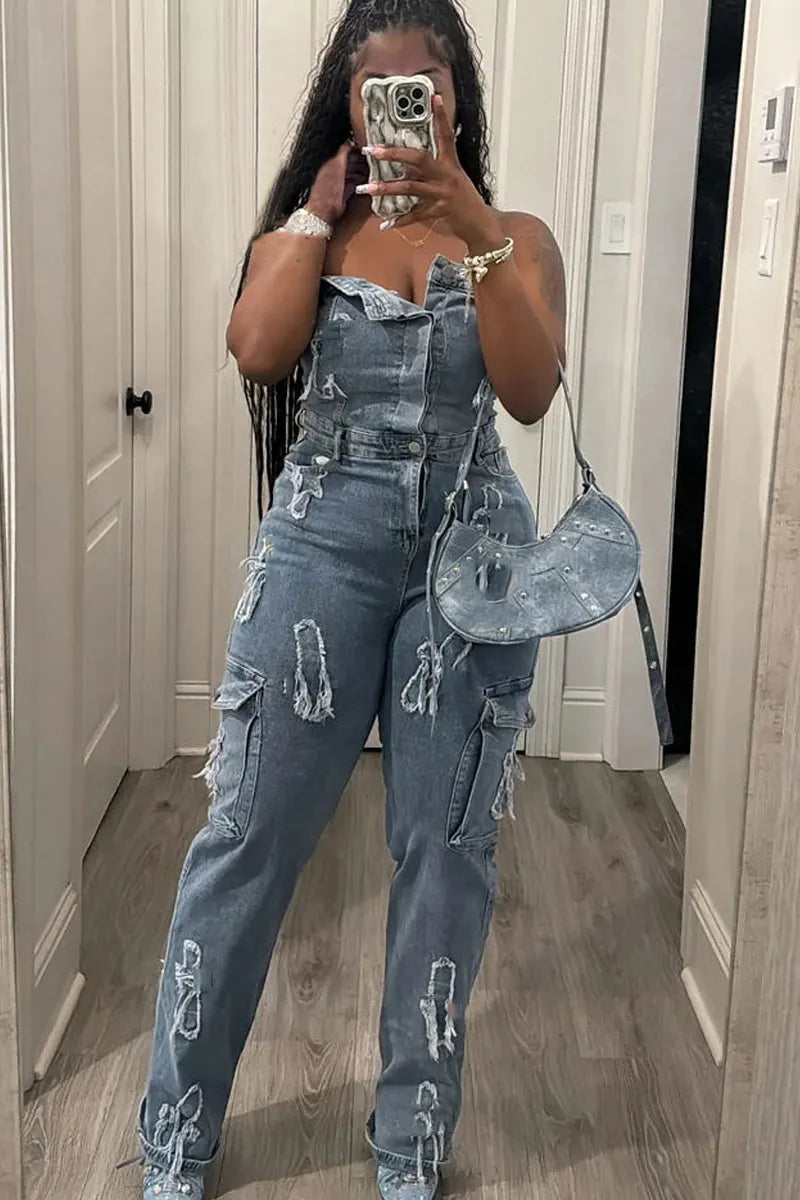 Hot Selling Sexy Strapless Denim Workwear Jumpsuit For Women