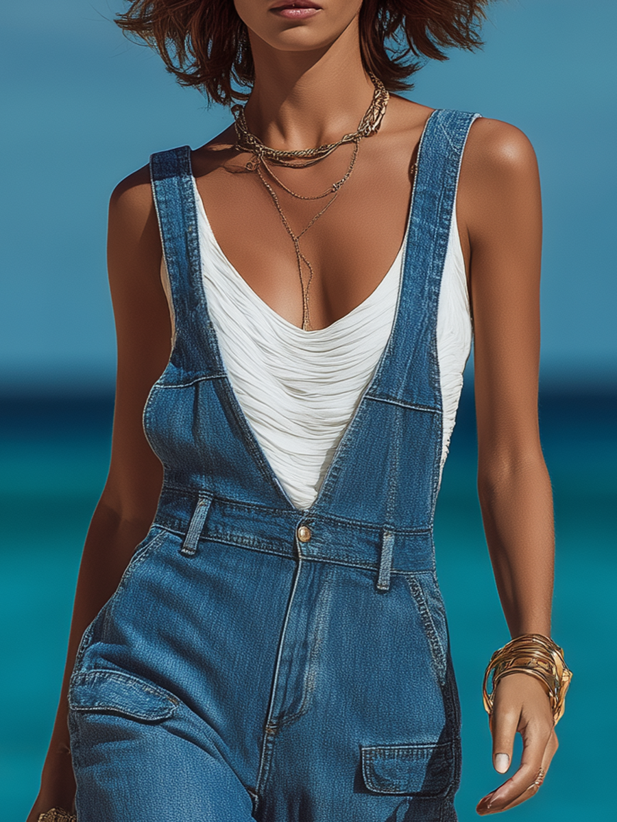Chic Vacation-Style Blue Denim Flared Cropped Overalls