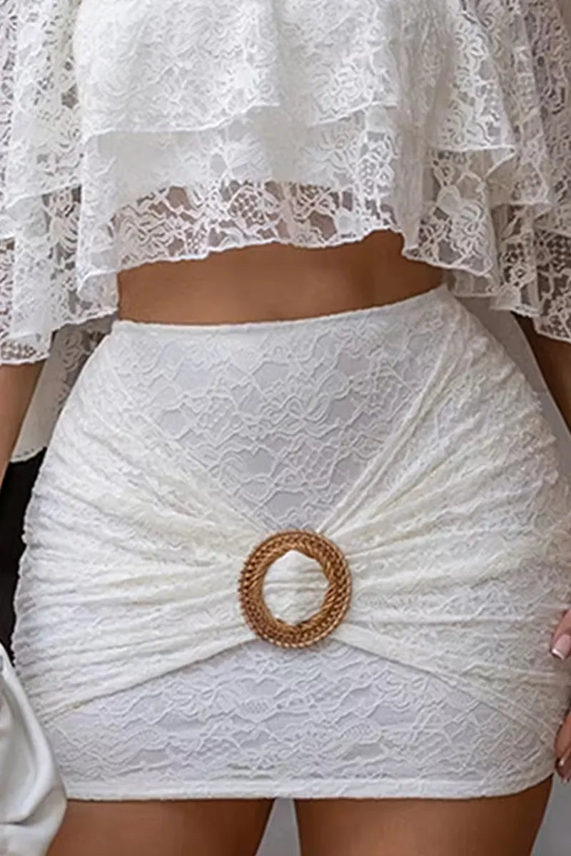 Women's Off Shoulder Lace Cropped Top Commuter Style Or Short Lace Bodycon Skirt