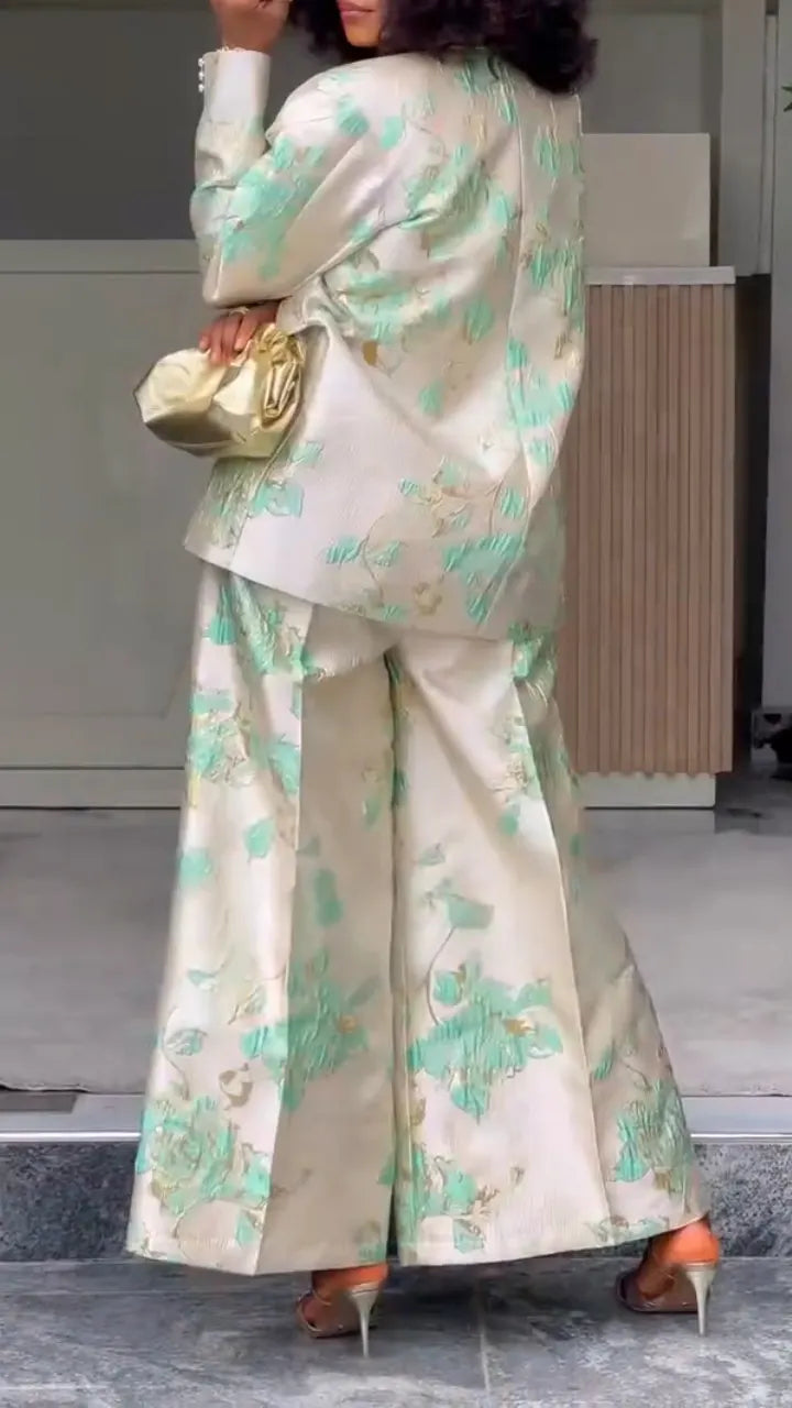 Women Collar Printed Jacket or Printed Wide Leg Pants