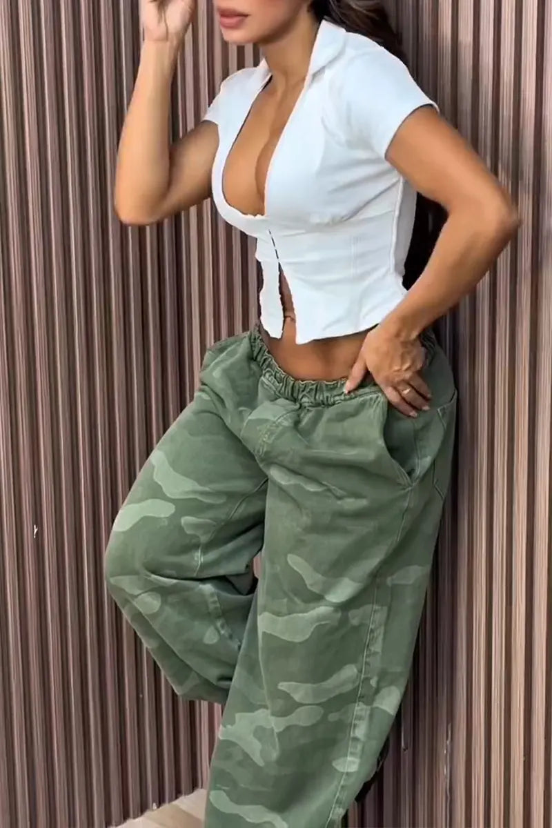 Women's Casual Stretch Waist Camo Wide Leg Jeans
