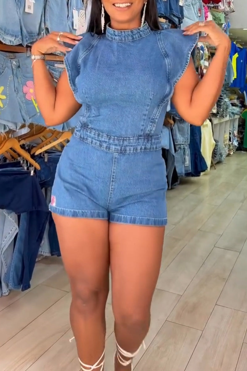 Women's Fashion Flounce-Sleeve Denim Short Jumpsuit