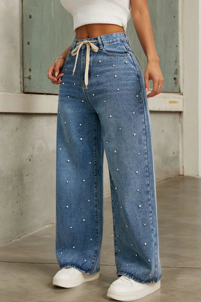 Women's Tie-Waist Design with Rhinestone Studded Jeans