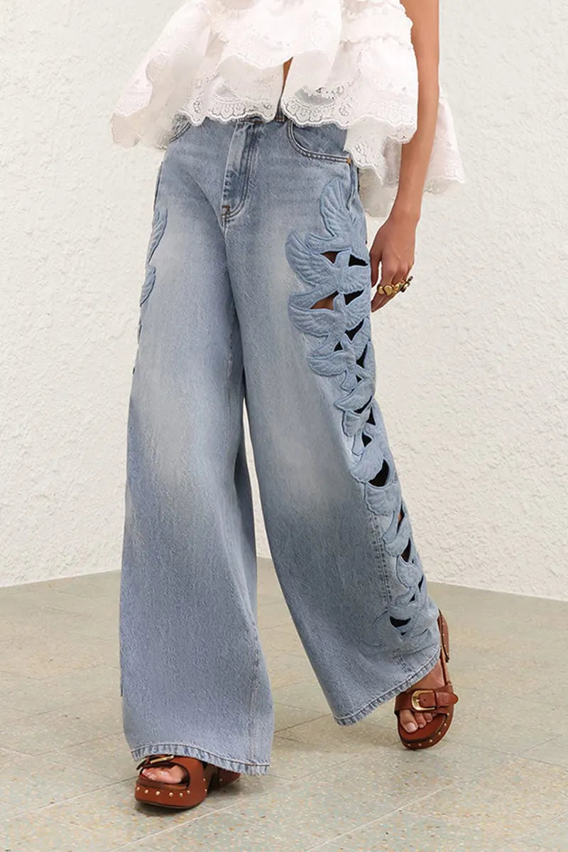 Women's Casual Bird Embroidered Cutout Wide Leg Jeans