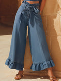Resort-style Denim Ruffled High-waisted Loose-fitting Trousers