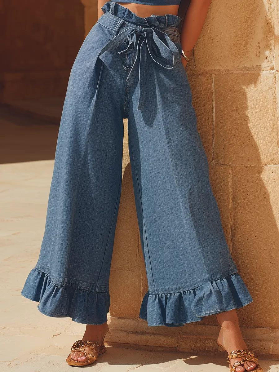 Resort-style Denim Ruffled High-waisted Loose-fitting Trousers