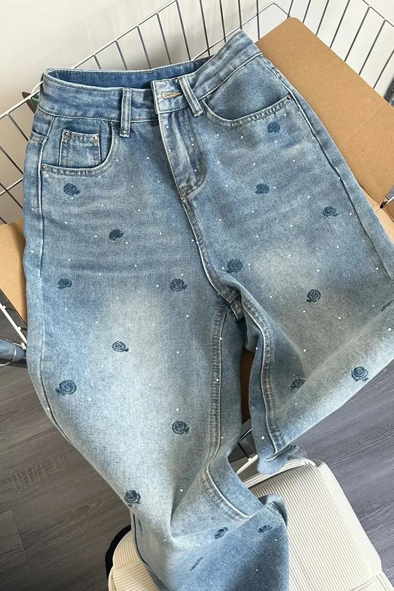 Women' s Vintage Blue Rose Embroidered Rhinestone Jeans
