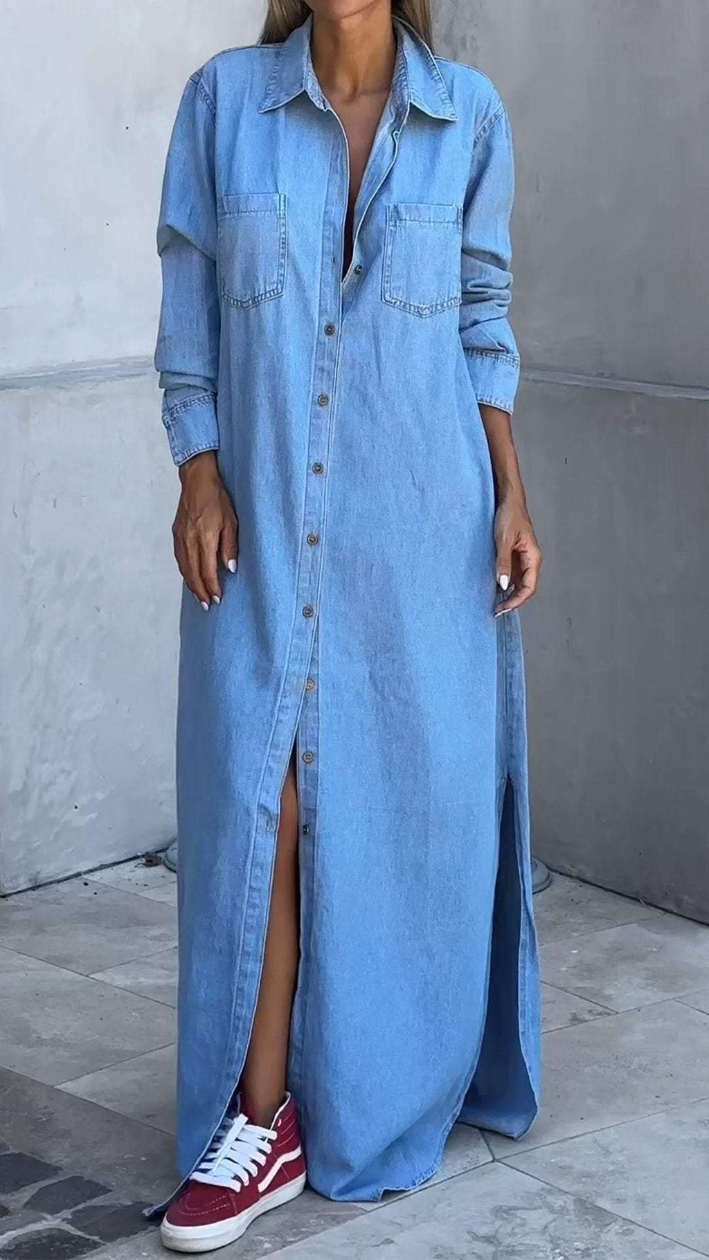 Women's Lapel Denim Extra Long Slit Casual Dress