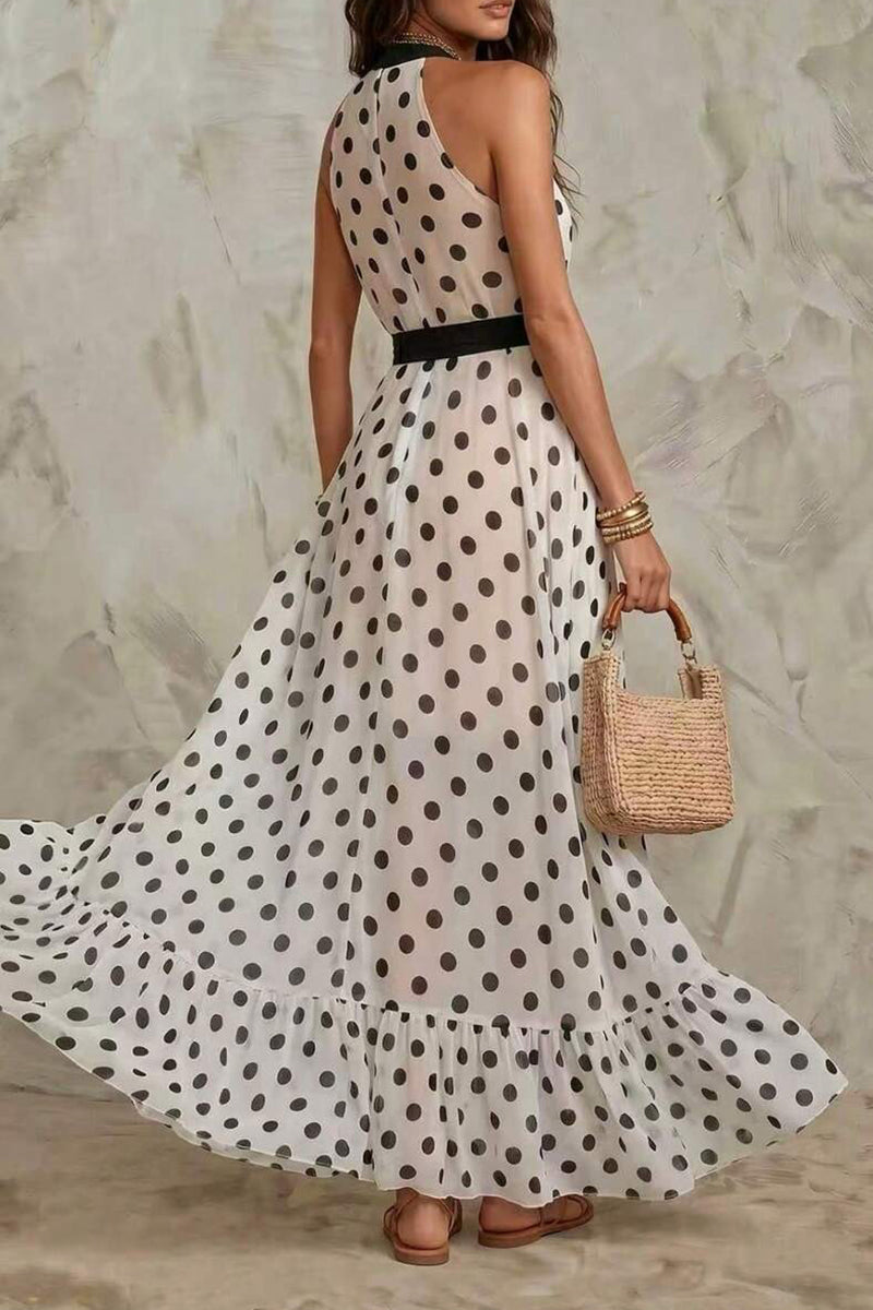 Women's Deep V-neck Polka Dot Print Waist Cinching Elegant Casual Dress