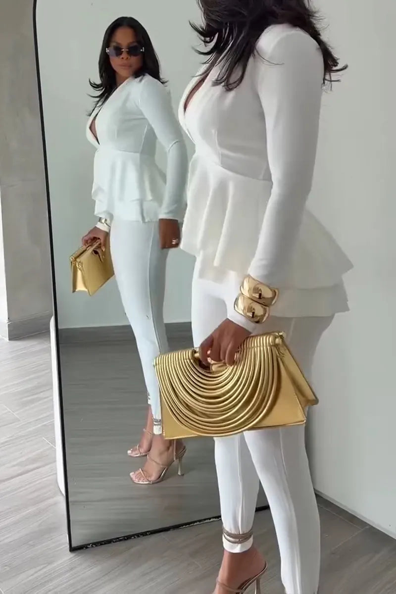 Women's Casual Ruffle Hem V-Neck Shirt Slim Pants Two-Piece Set
