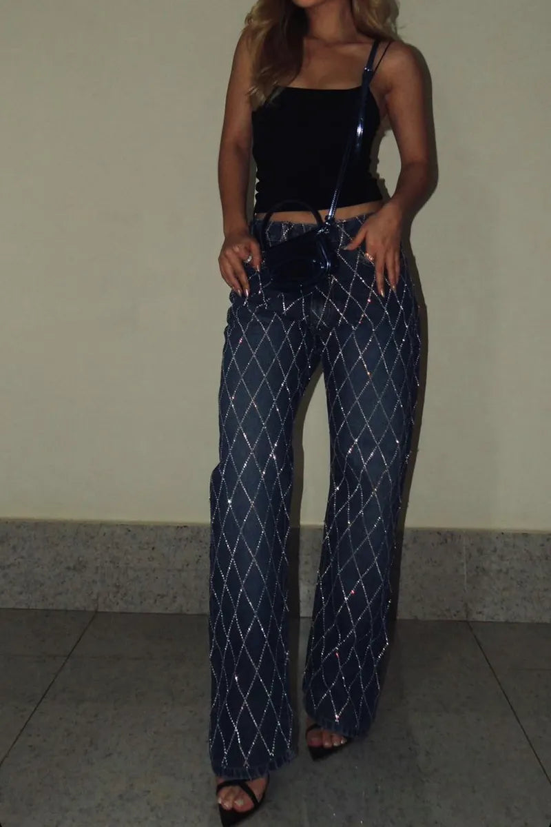 Women's Casual Diamond Pattern Sparkling Rhinestone Jeans