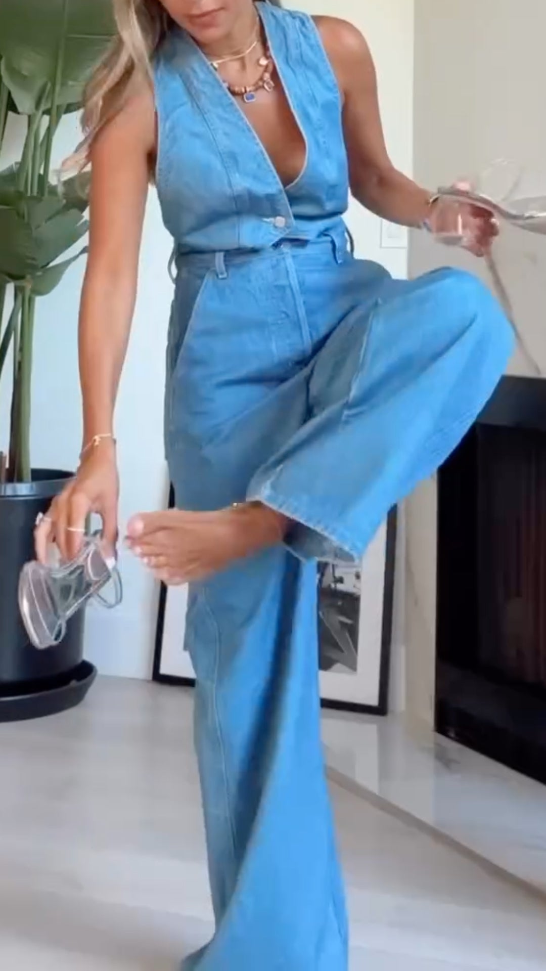Women V-neck Hollowed Out Patchwork Casual Denim Jumpsuit
