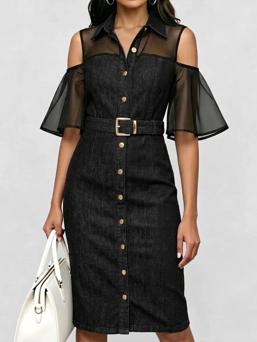 Women's Short-sleeve Casual Loose Denim-paneled Dress With Shirt Collar