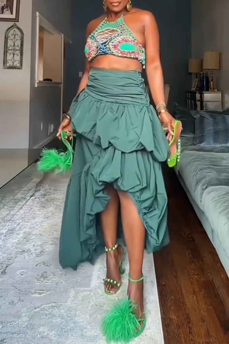 Women's Fashion Tiered Balloon Asymmetric Hem Maxi Skirt