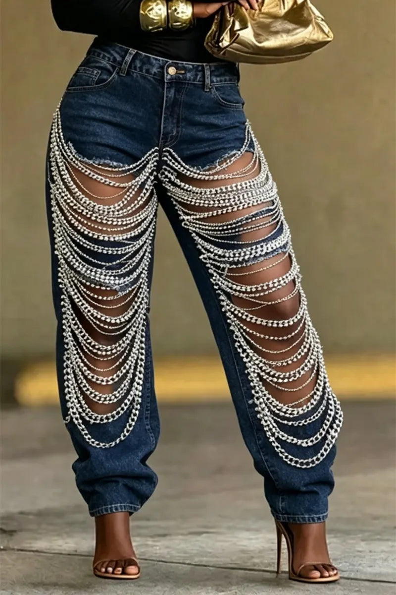 Women's Fashion High Waist Chain Cutout Baggy Jeans