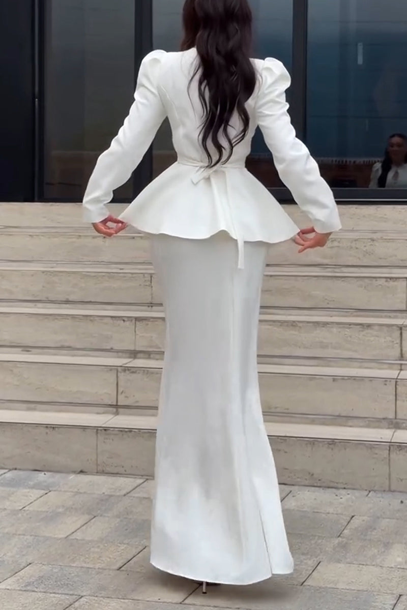 Women's Elegant Waist Cinching Puff Sleeve Shirt or Maxi Skirt
