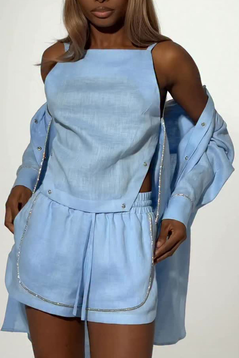 Women's Casual Vest Shorts Shirt Shiny Insert Trim Three-Piece Set