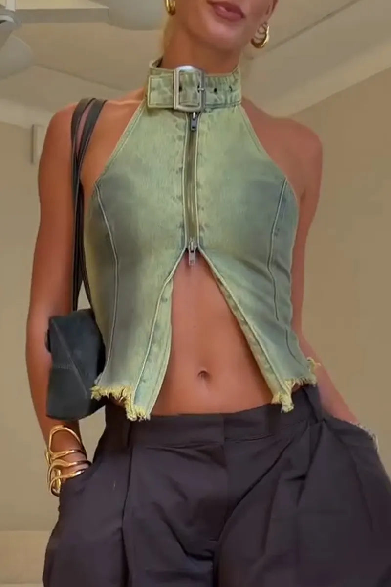 Women Make Vintage Washed Denim Neck Hanging Tops or Pants