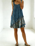 Women's Floral Denim Short Sleeveless Multi-layered Ruffled Strap Dress