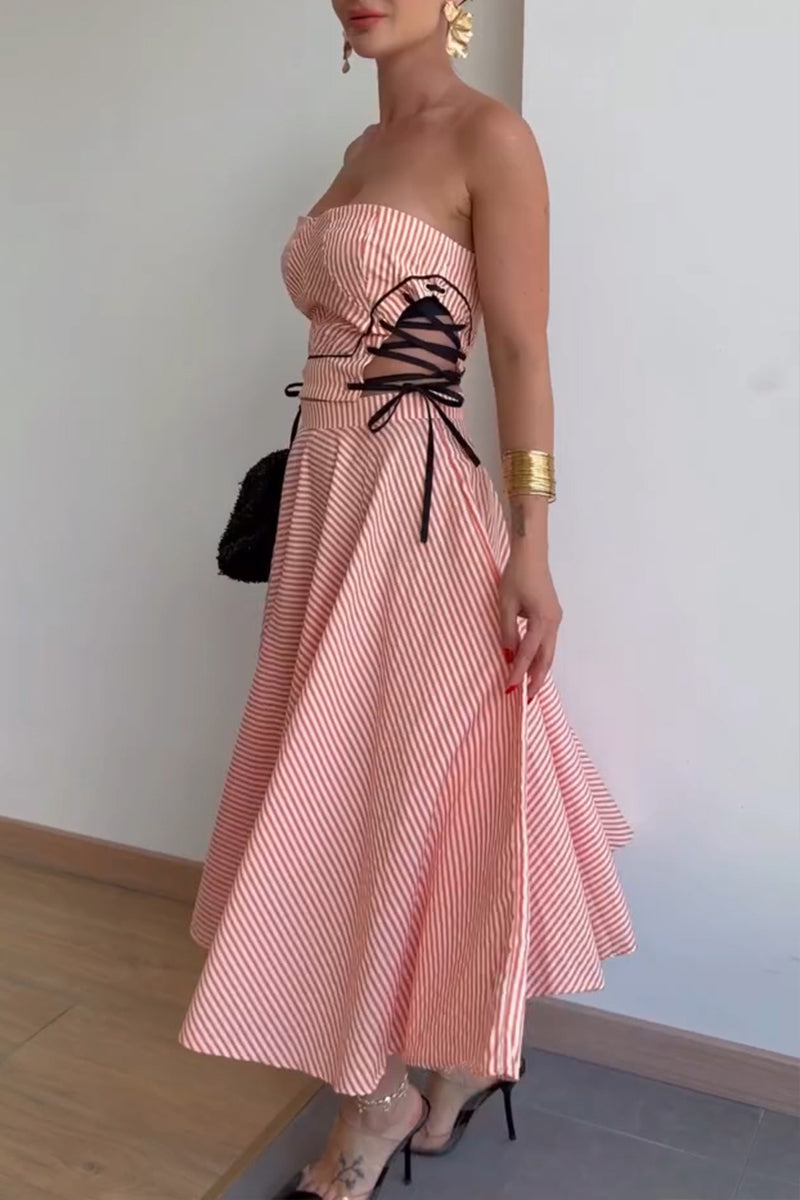 Women's Casual Vacation Side Tie Strapless A-Line Skirt Stripe Two-Piece Set