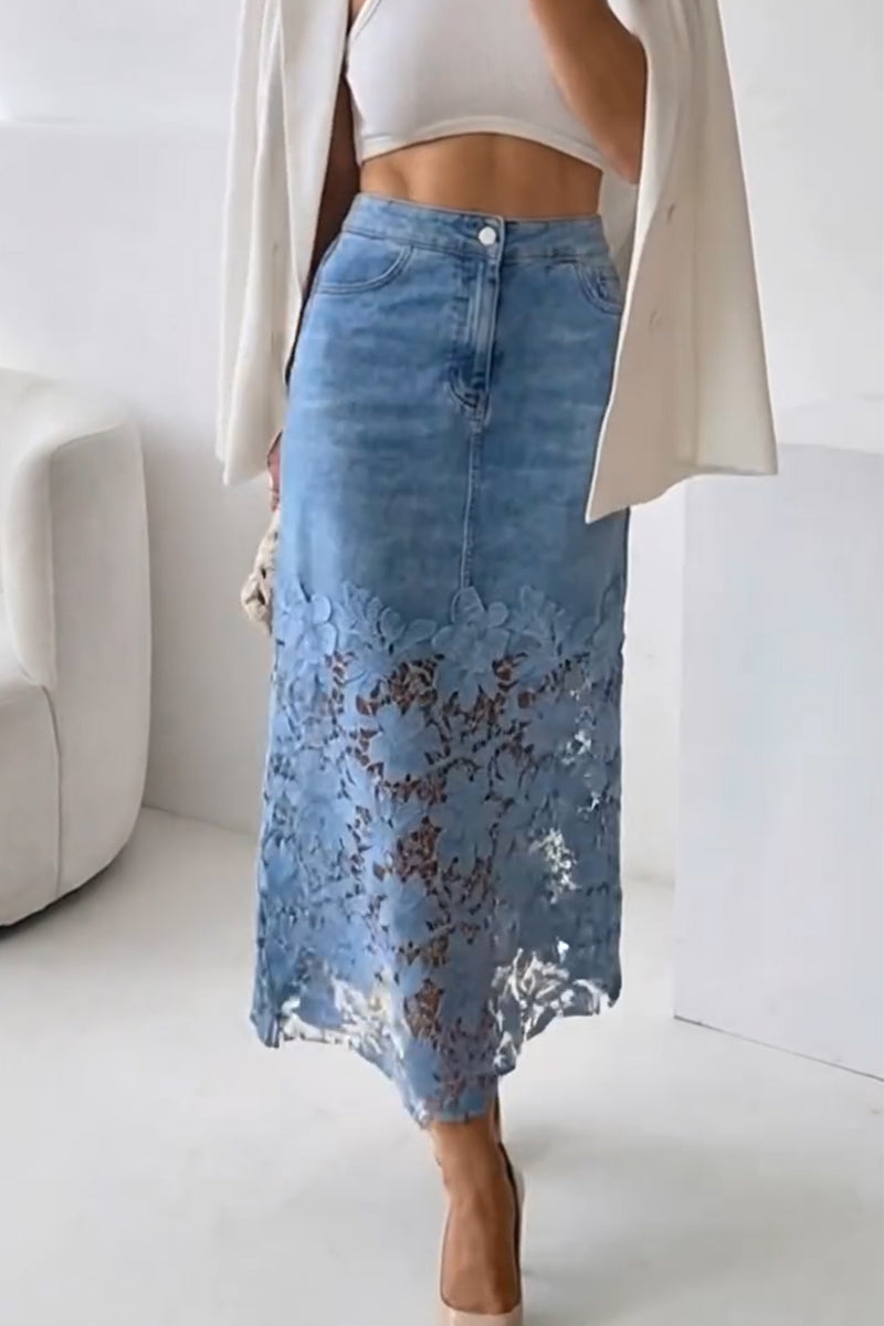 Women's Pattern Hollow Splicing Elegant Casual Denim Half Skirt