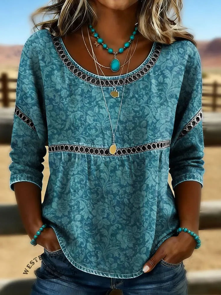 Women's Vintage Floral Print Casual Hollow-Out Denim Shirt