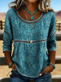 Women's Vintage Floral Print Casual Hollow-Out Denim Shirt
