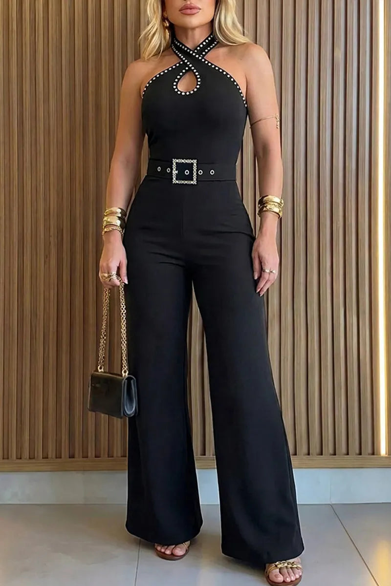 Women's Neck Cinching Waist Nail Diamond Elegant Temperament Jumpsuit