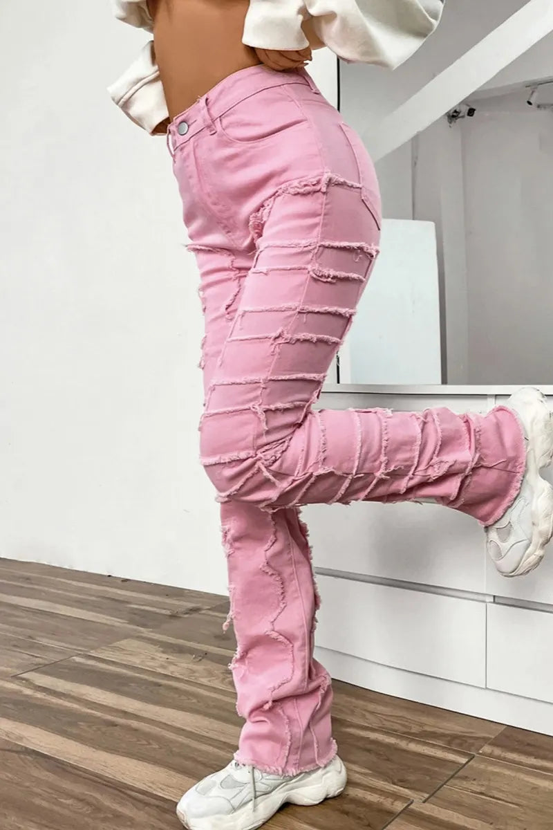 Women's Street Style Distressed Raw Hem Layered Patchwork Jeans
